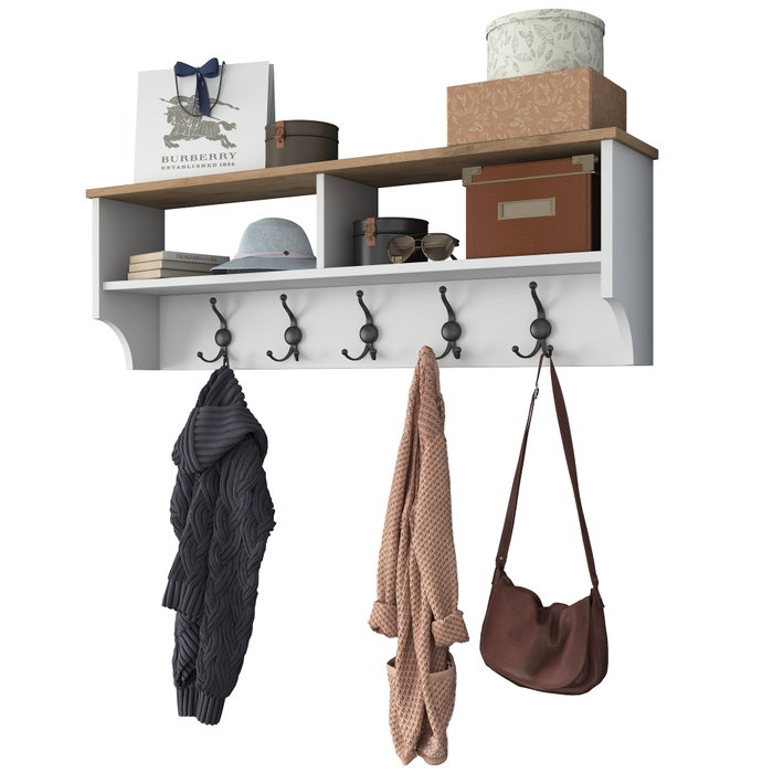 Hanah Home P2 - 2460 Perchero Recibidor con Almacenamiento y Ganchos de Metal, Blanco y Nogal, 120x37.2x22.2 cm